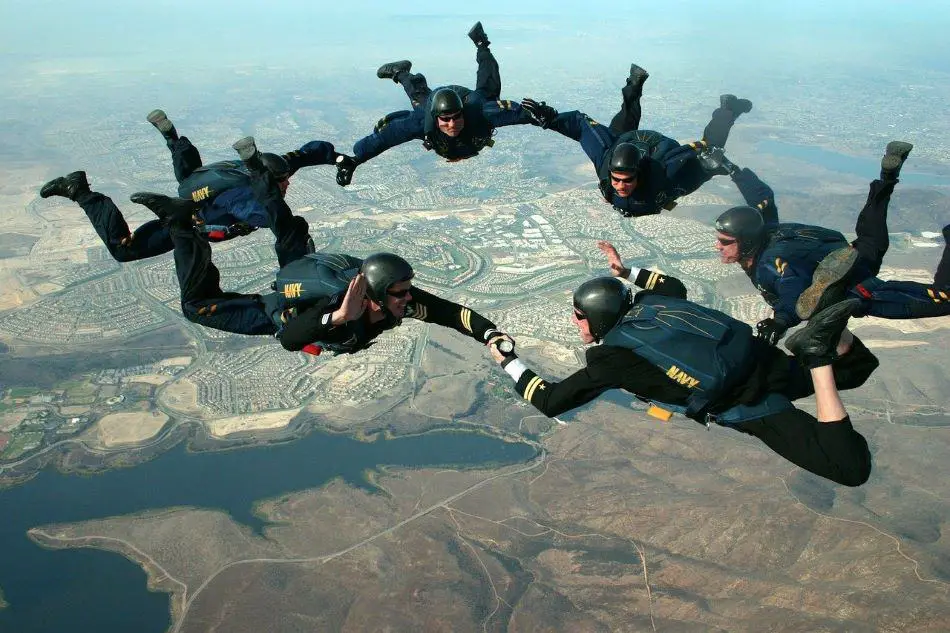 A group of six skydivers in black jumpsuits holding hands in a circle formation while freefalling above a landscape with a river, roads, and buildings.