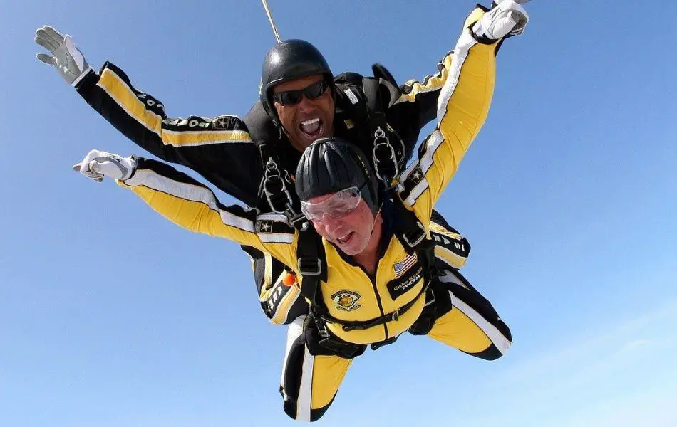Two people skydiving in tandem, with one person wearing a yellow and black suit and the other wearing a black suit, they are both wearing black helmets and goggles. They are in a freefall position with their arms and legs spread out against a clear blue sky.