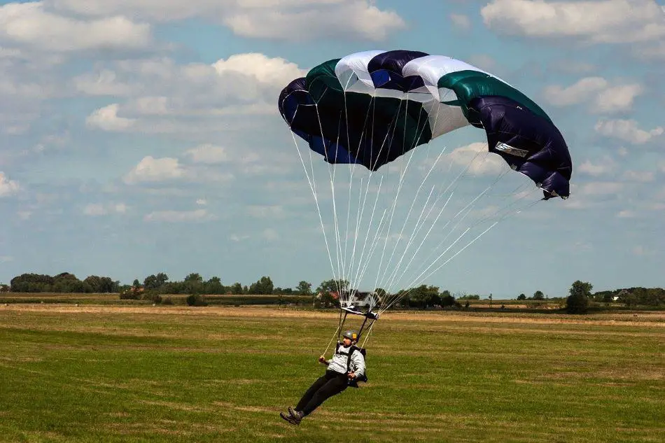 A skydiver is gliding onto a grassy field under a clear blue sky. The parachute is predominantly blue and white, indicating it is fully deployed. The skydiver appears to be in a controlled descent, wearing a white shirt and black pants, and is holding onto the parachute control handles.