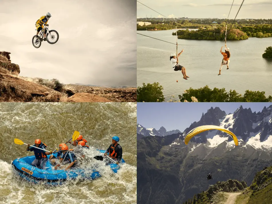 A collage of four images capturing extreme sports activities: a downhill mountain bike rider mid-air against a cloudy sky, two people zip lining above a river, a group of rafters navigating rapid waters, and a paraglider soaring near mountain peaks.
