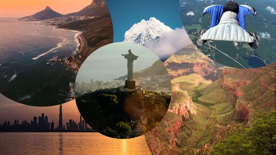 A collage of six distinct images showcasing a variety of landscapes and activities; including a serene beach at sunset, a bustling cityscape at dawn, the iconic Christ the Redeemer statue in Rio de Janeiro, an adventurous skydiver in mid-flight, the majestic peaks of a snow-capped mountain and a bird's eye view of the grand canyon.