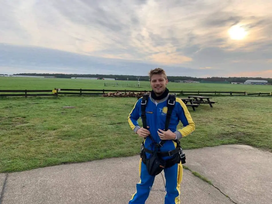 The picture shows skydiver Kai Schmidt after his first tandem jump