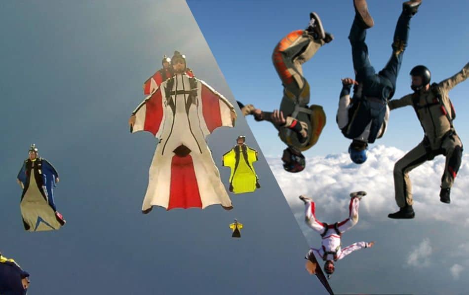 An image split diagonally in half. The left half shows a group of wingsuit pilots in various colorful suits are captured mid-air gliding against a backdrop of blue skies and fluffy white clouds. The half right is agroup of four skydivers, three are freefalling head-down, and one in feet-down position.