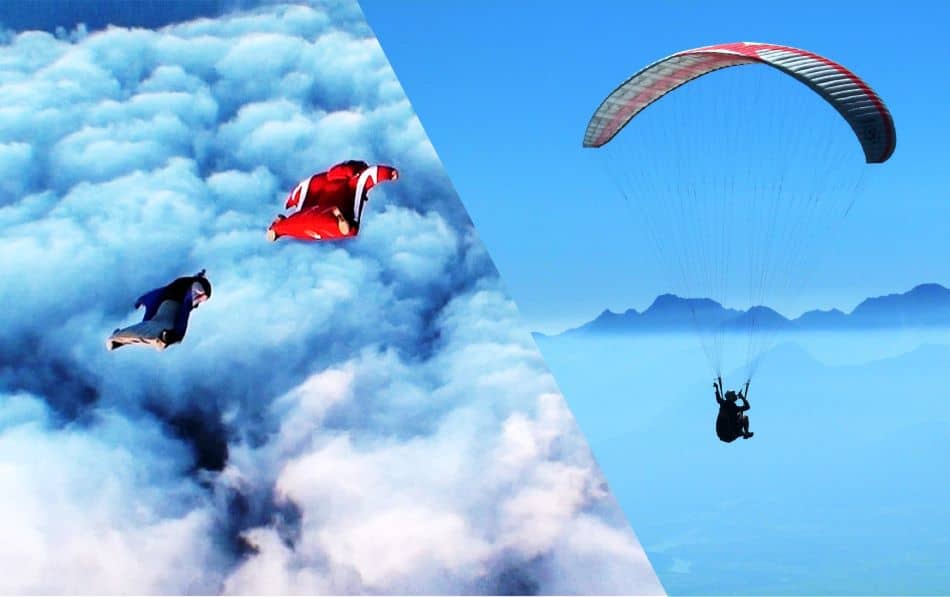 A split image showcasing two extreme sports; on the left, two wingsuit pilots soaring amidst fluffy clouds, and on the right, a person is paragliding against a backdrop of clear blue skies and distant mountains.