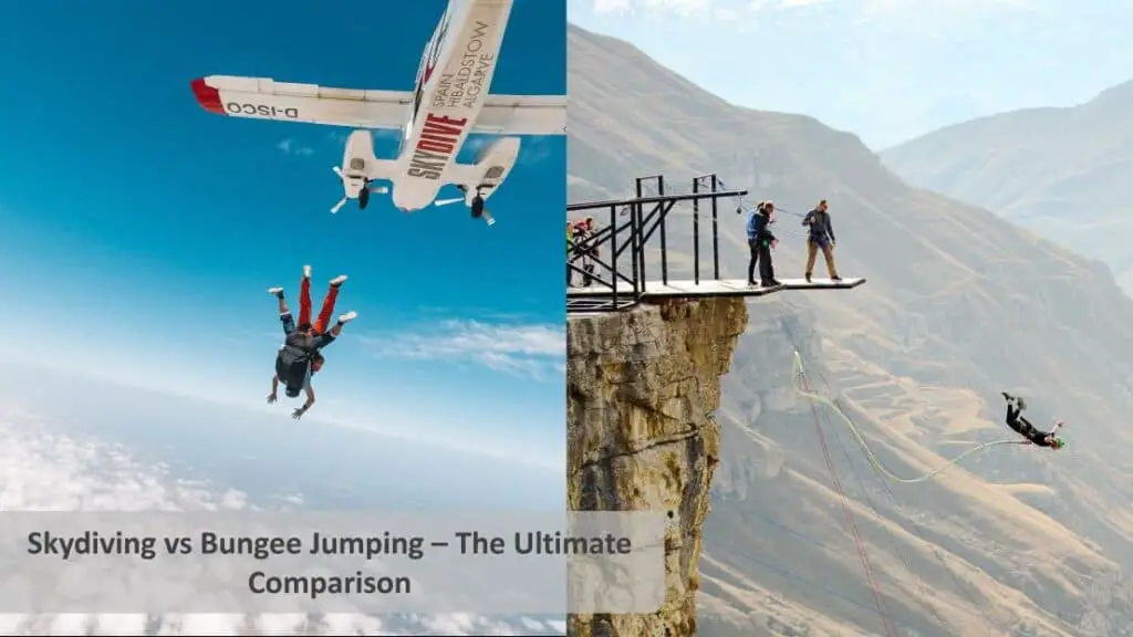 A split image comparing skydiving and bungee jumping. On the left, a skydiving tandem pair is jumping from a white and red airplane against a clear blue sky. On the right, a person is bungee jumping off a cliff platform with mountains in the background and other people left on the platform perhaps assisting the jump or awaiting their turns.